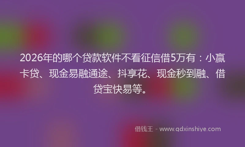 2026年的哪个贷款软件不看征信借5万有:小赢卡贷、现金易融通途、抖享花、现金秒到融、借贷宝快易等。