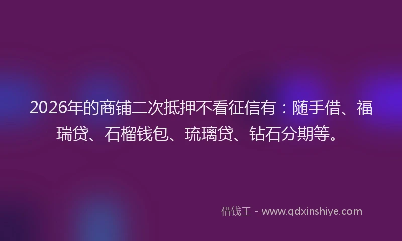 2026年的商铺二次抵押不看征信有:随手借、福瑞贷、石榴钱包、琉璃贷、钻石分期等。