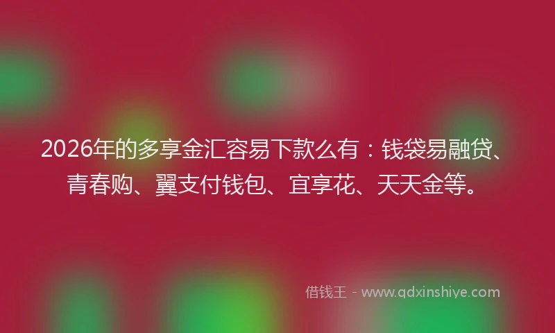 2026年的多享金汇容易下款么有：钱袋易融贷、青春购、翼支付钱包、宜享花、天天金等。