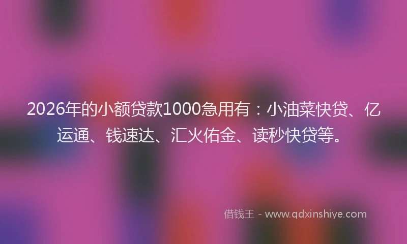 2026年的小额贷款1000急用有：小油菜快贷、亿运通、钱速达、汇火佑金、读秒快贷等。