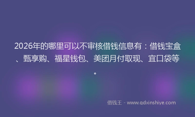 2026年的哪里可以不审核借钱信息有：借钱宝盒、甄享购、福星钱包、美团月付取现、宜口袋等。
