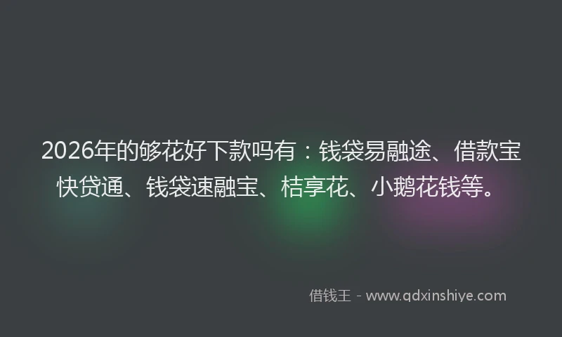 2026年的够花好下款吗有:钱袋易融途、借款宝快贷通、钱袋速融宝、桔享花、小鹅花钱等。