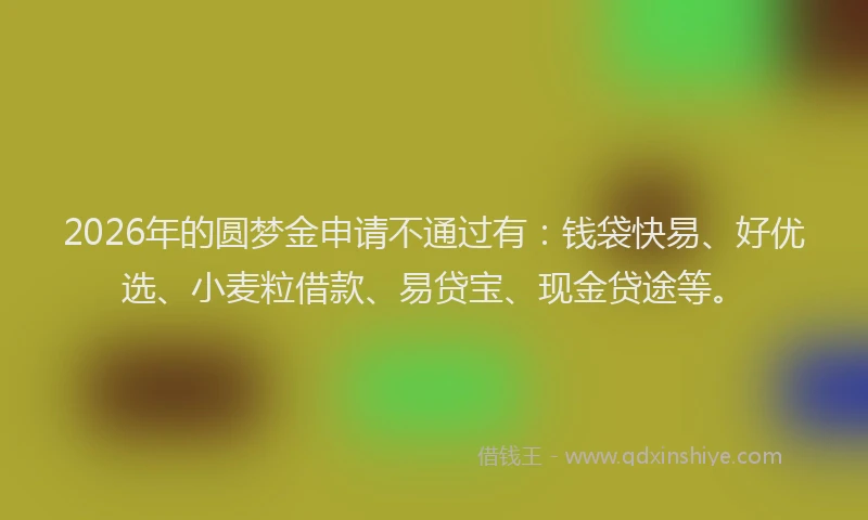 2026年的圆梦金申请不通过有：钱袋快易、好优选、小麦粒借款、易贷宝、现金贷途等。