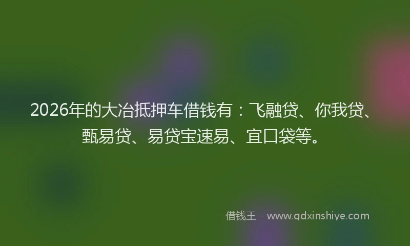 2026年的大冶抵押车借钱有：飞融贷、你我贷、甄易贷、易贷宝速易、宜口袋等。