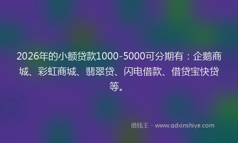 2026年的小额贷款1000-5000可分期有：企鹅商城、彩虹商城、翡翠贷、闪电借款、借贷宝快贷等。