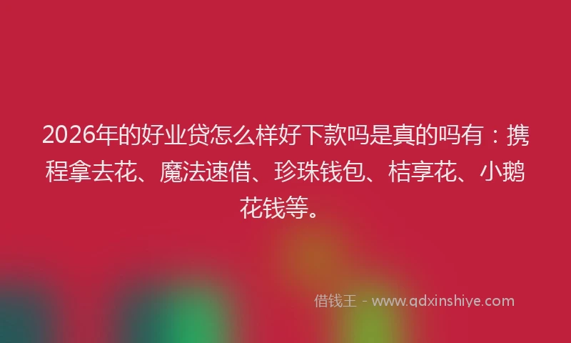 2026年的好业贷怎么样好下款吗是真的吗有：携程拿去花、魔法速借、珍珠钱包、桔享花、小鹅花钱等。