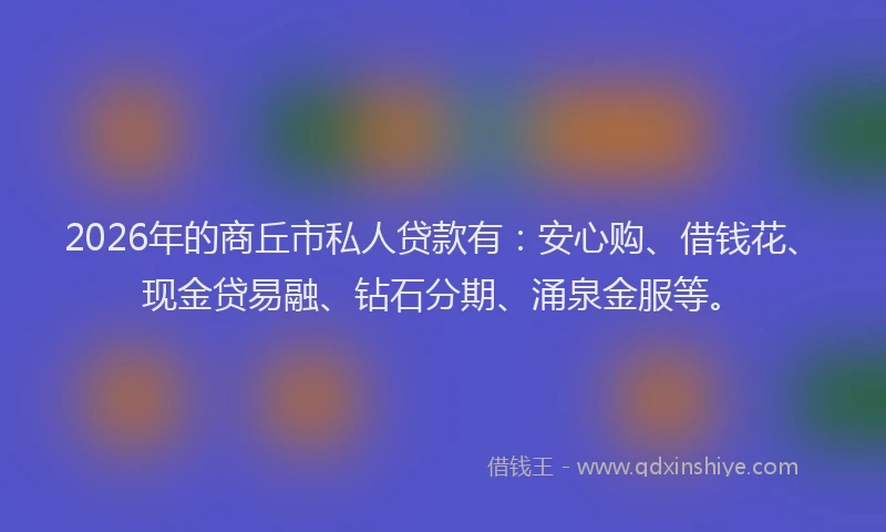 2026年的商丘市私人贷款有：安心购、借钱花、现金贷易融、钻石分期、涌泉金服等。