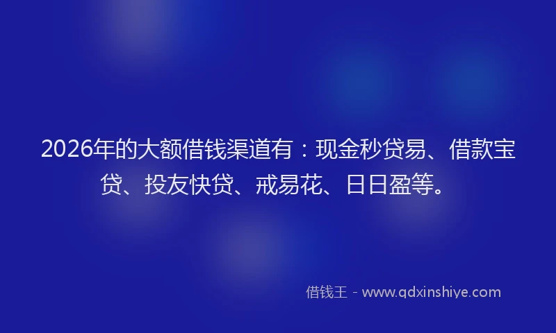 2026年的大额借钱渠道有：现金秒贷易、借款宝贷、投友快贷、戒易花、日日盈等。