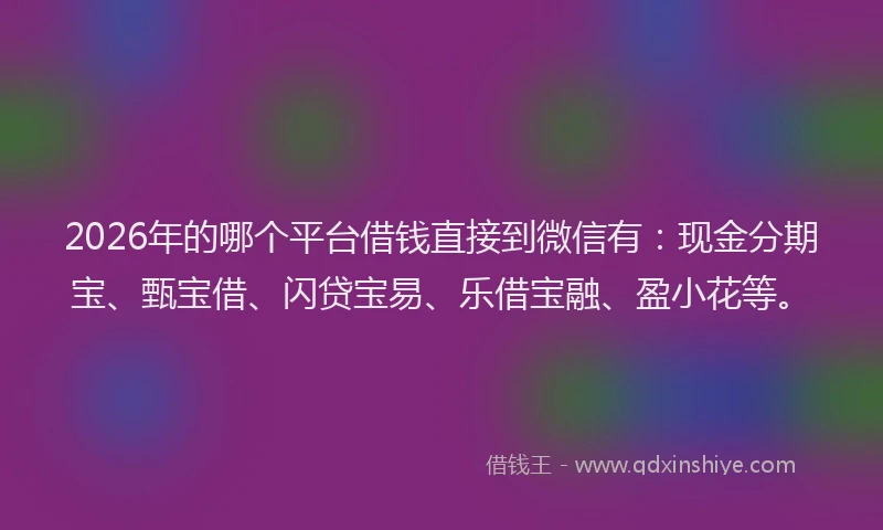 2026年的哪个平台借钱直接到微信有:现金分期宝、甄宝借、闪贷宝易、乐借宝融、盈小花等。