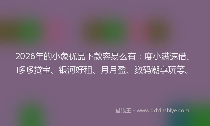 2026年的小象优品下款容易么有：度小满速借、哆哆贷宝、银河好租、月月盈、数码潮享玩等。
