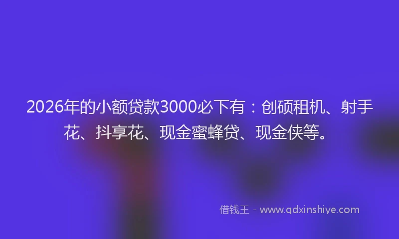 2026年的小额贷款3000必下有：创硕租机、射手花、抖享花、现金蜜蜂贷、现金侠等。