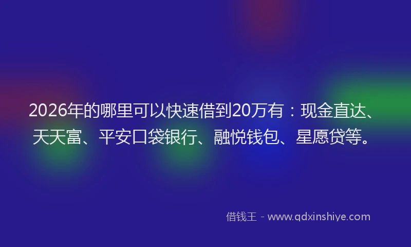 2026年的哪里可以快速借到20万有：现金直达、天天富、平安口袋银行、融悦钱包、星愿贷等。