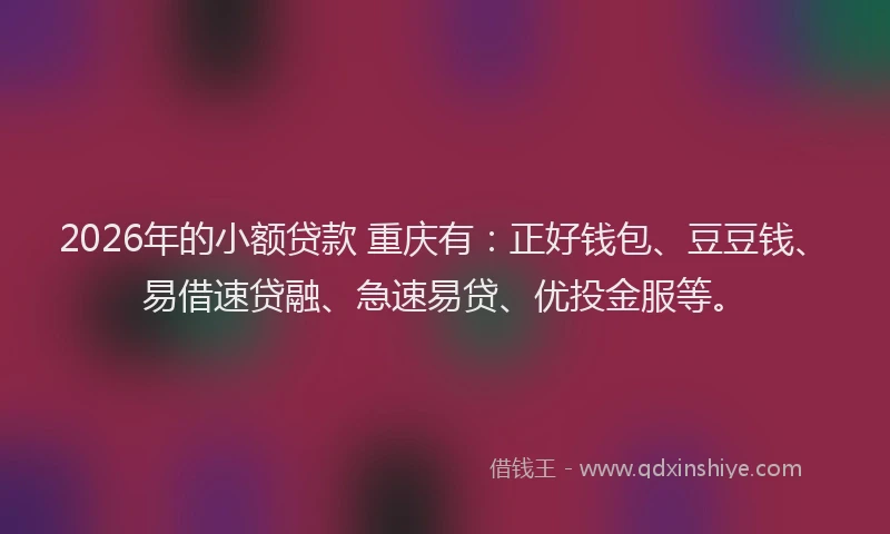 2026年的小额贷款 重庆有：正好钱包、豆豆钱、易借速贷融、急速易贷、优投金服等。