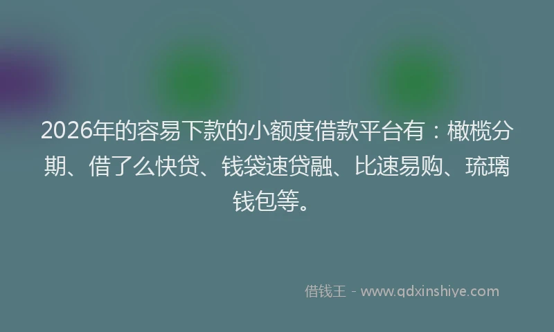 2026年的容易下款的小额度借款平台有：橄榄分期、借了么快贷、钱袋速贷融、比速易购、琉璃钱包等。