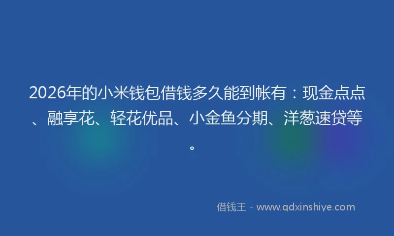 2026年的小米钱包借钱多久能到帐有：现金点点、融享花、轻花优品、小金鱼分期、洋葱速贷等。