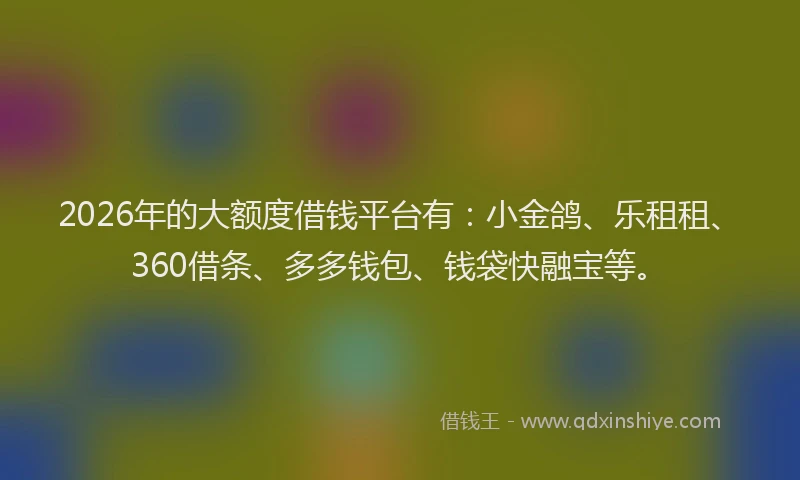 2026年的大额度借钱平台有：小金鸽、乐租租、360借条、多多钱包、钱袋快融宝等。