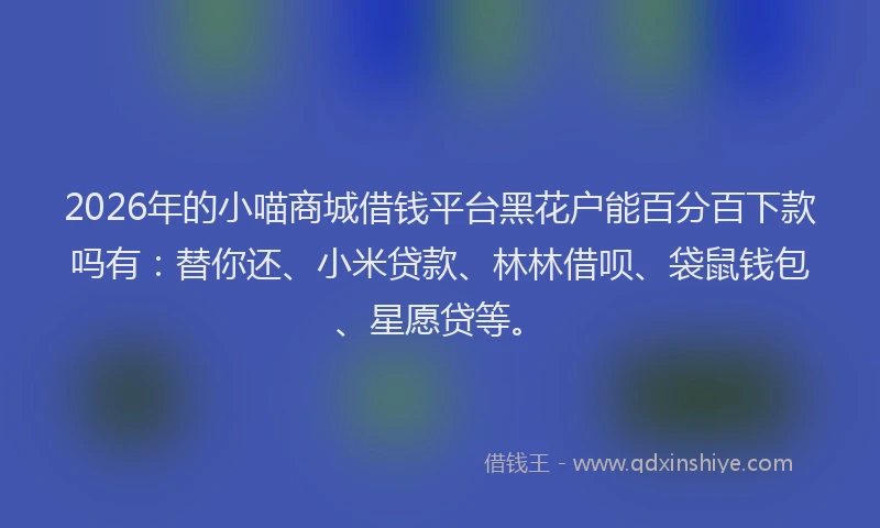 2026年的小喵商城借钱平台黑花户能百分百下款吗有：替你还、小米贷款、林林借呗、袋鼠钱包、星愿贷等。