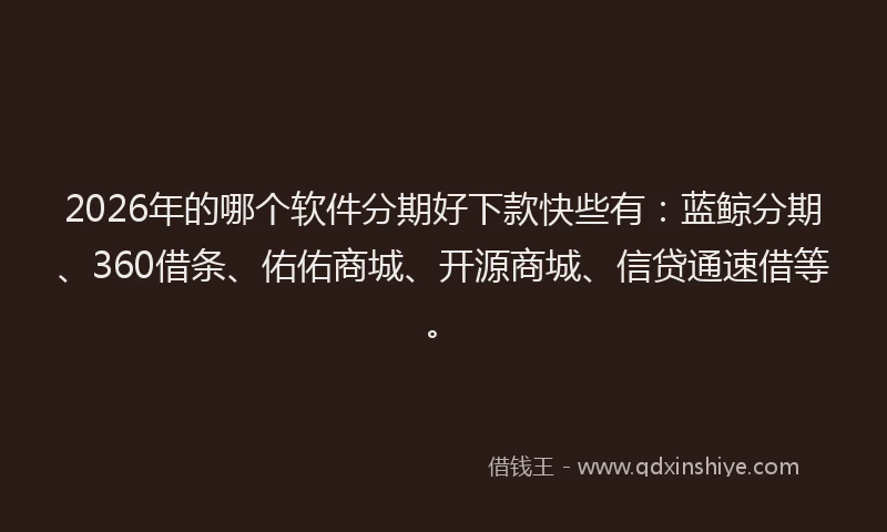 2026年的哪个软件分期好下款快些有:蓝鲸分期、360借条、佑佑商城、开源商城、信贷通速借等。
