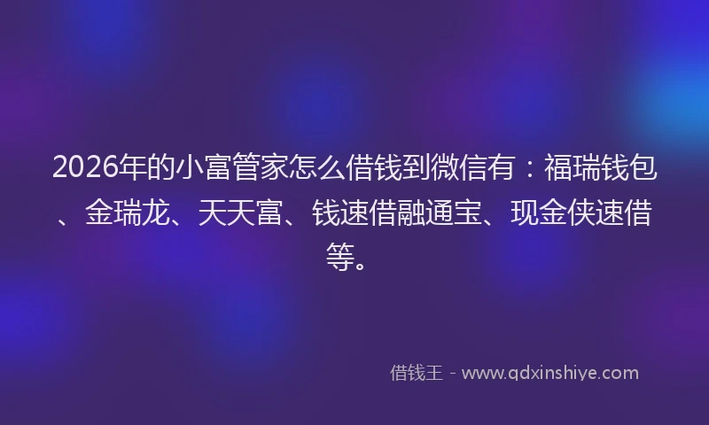 2026年的小富管家怎么借钱到微信有：福瑞钱包、金瑞龙、天天富、钱速借融通宝、现金侠速借等。