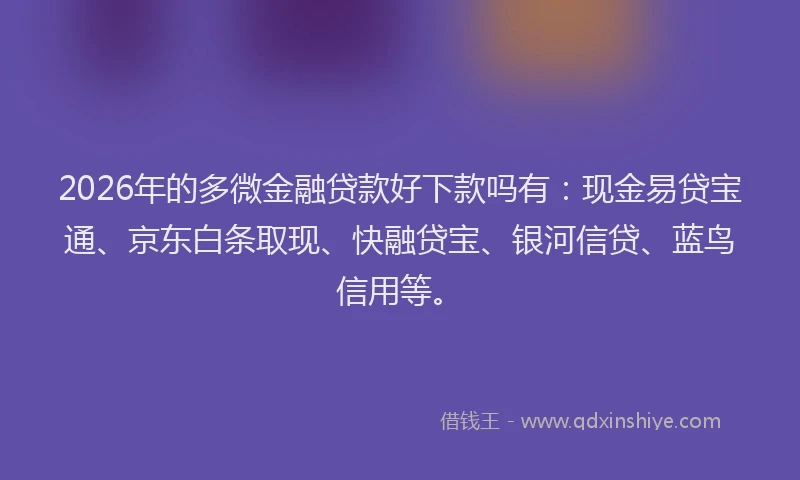 2026年的多微金融贷款好下款吗有:现金易贷宝通、京东白条取现、快融贷宝、银河信贷、蓝鸟信用等。