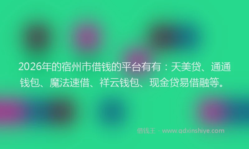 2026年的宿州市借钱的平台有有：天美贷、通通钱包、魔法速借、祥云钱包、现金贷易借融等。