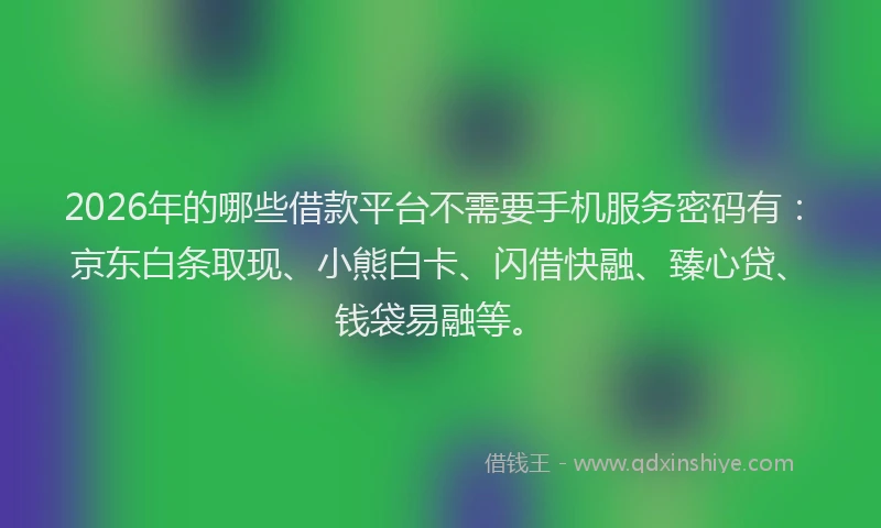 2026年的哪些借款平台不需要手机服务密码有：京东白条取现、小熊白卡、闪借快融、臻心贷、钱袋易融等。