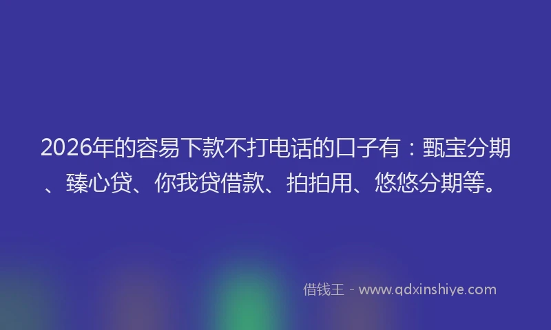 2026年的容易下款不打电话的口子有：甄宝分期、臻心贷、你我贷借款、拍拍用、悠悠分期等。