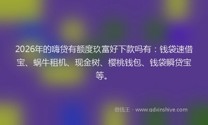 2026年的嗨贷有额度玖富好下款吗有:钱袋速借宝、蜗牛租机、现金树、樱桃钱包、钱袋瞬贷宝等。