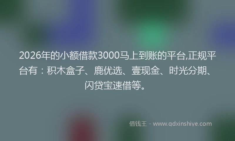 2026年的小额借款3000马上到账的平台,正规平台有：积木盒子、鹿优选、壹现金、时光分期、闪贷宝速借等。