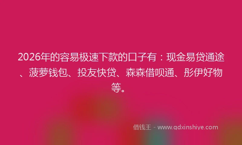 2026年的容易极速下款的口子有：现金易贷通途、菠萝钱包、投友快贷、森森借呗通、彤伊好物等。