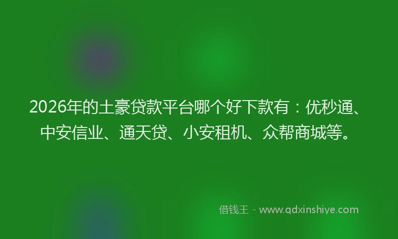 2026年的土豪贷款平台哪个好下款有：优秒通、中安信业、通天贷、小安租机、众帮商城等。