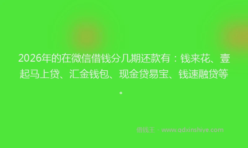 2026年的在微信借钱分几期还款有：钱来花、壹起马上贷、汇金钱包、现金贷易宝、钱速融贷等。
