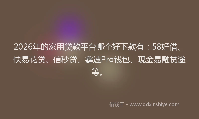 2026年的家用贷款平台哪个好下款有：58好借、快易花贷、信秒贷、鑫速Pro钱包、现金易融贷途等。