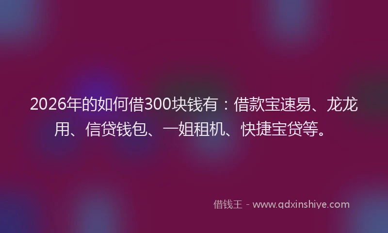 2026年的如何借300块钱有：借款宝速易、龙龙用、信贷钱包、一姐租机、快捷宝贷等。