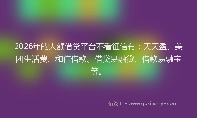 2026年的大额借贷平台不看征信有：天天盈、美团生活费、和信借款、借贷易融贷、借款易融宝等。