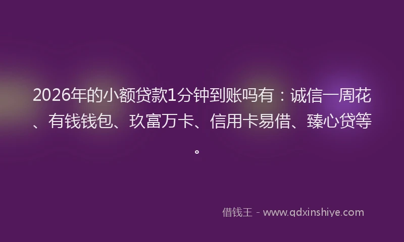 2026年的小额贷款1分钟到账吗有：诚信一周花、有钱钱包、玖富万卡、信用卡易借、臻心贷等。