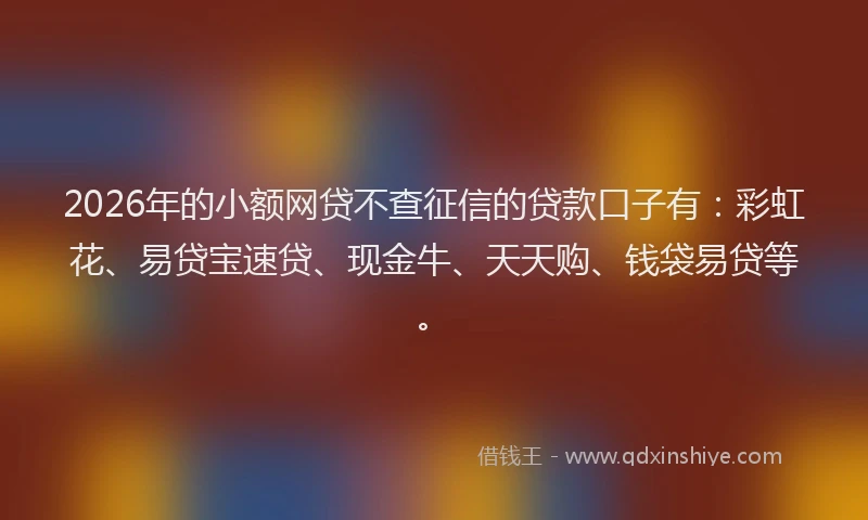 2026年的小额网贷不查征信的贷款口子有：彩虹花、易贷宝速贷、现金牛、天天购、钱袋易贷等。