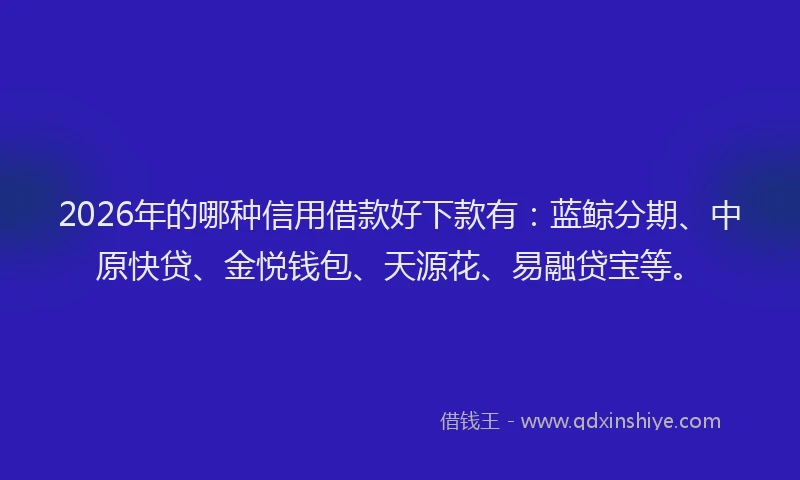 2026年的哪种信用借款好下款有：蓝鲸分期、中原快贷、金悦钱包、天源花、易融贷宝等。