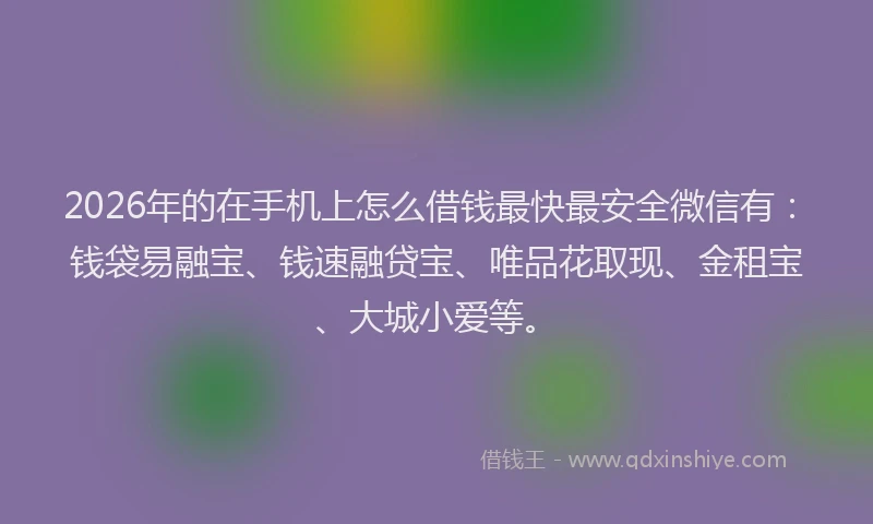 2026年的在手机上怎么借钱最快最安全微信有:钱袋易融宝、钱速融贷宝、唯品花取现、金租宝、大城小爱等。
