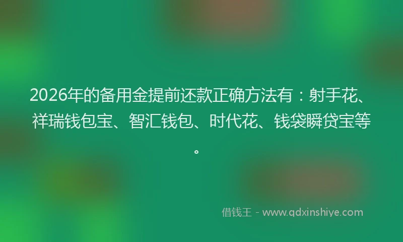 2026年的备用金提前还款正确方法有：射手花、祥瑞钱包宝、智汇钱包、时代花、钱袋瞬贷宝等。