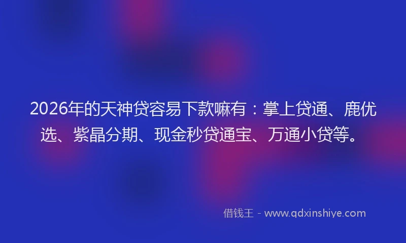 2026年的天神贷容易下款嘛有：掌上贷通、鹿优选、紫晶分期、现金秒贷通宝、万通小贷等。