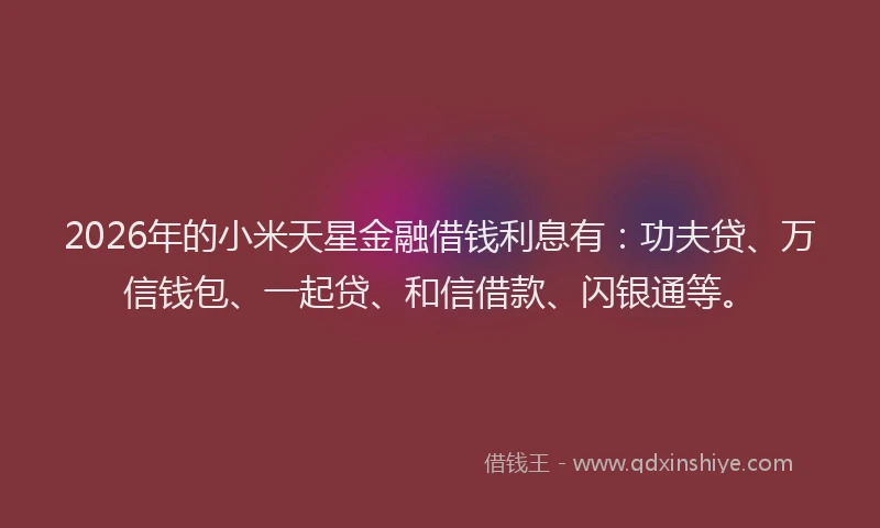 2026年的小米天星金融借钱利息有：功夫贷、万信钱包、一起贷、和信借款、闪银通等。
