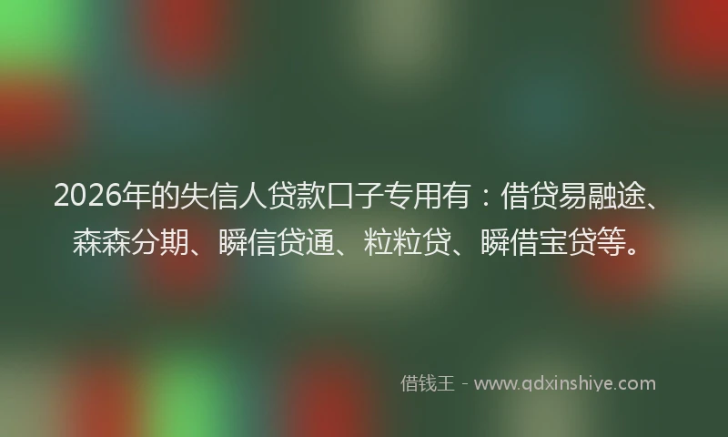 2026年的失信人贷款口子专用有:借贷易融途、森森分期、瞬信贷通、粒粒贷、瞬借宝贷等。