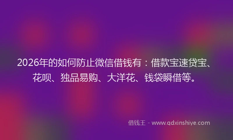 2026年的如何防止微信借钱有：借款宝速贷宝、花呗、独品易购、大洋花、钱袋瞬借等。