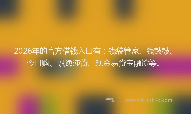 2026年的官方借钱入口有：钱袋管家、钱鼓鼓、今日购、融逸速贷、现金易贷宝融途等。