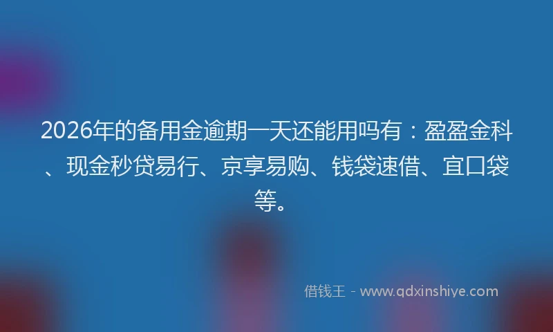 2026年的备用金逾期一天还能用吗有：盈盈金科、现金秒贷易行、京享易购、钱袋速借、宜口袋等。