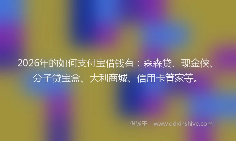 2026年的如何支付宝借钱有：森森贷、现金侠、分子贷宝盒、大利商城、信用卡管家等。