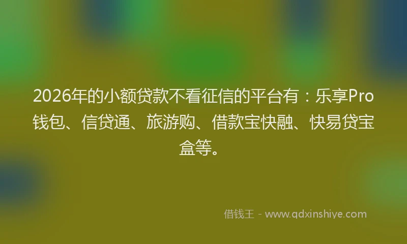 2026年的小额贷款不看征信的平台有：乐享Pro钱包、信贷通、旅游购、借款宝快融、快易贷宝盒等。