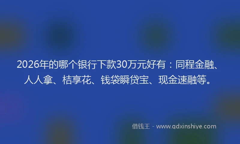 2026年的哪个银行下款30万元好有:同程金融、人人拿、桔享花、钱袋瞬贷宝、现金速融等。