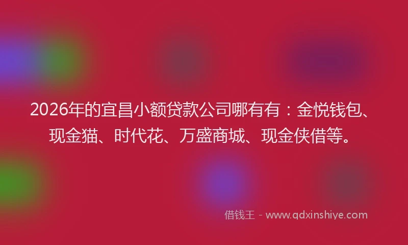 2026年的宜昌小额贷款公司哪有有：金悦钱包、现金猫、时代花、万盛商城、现金侠借等。